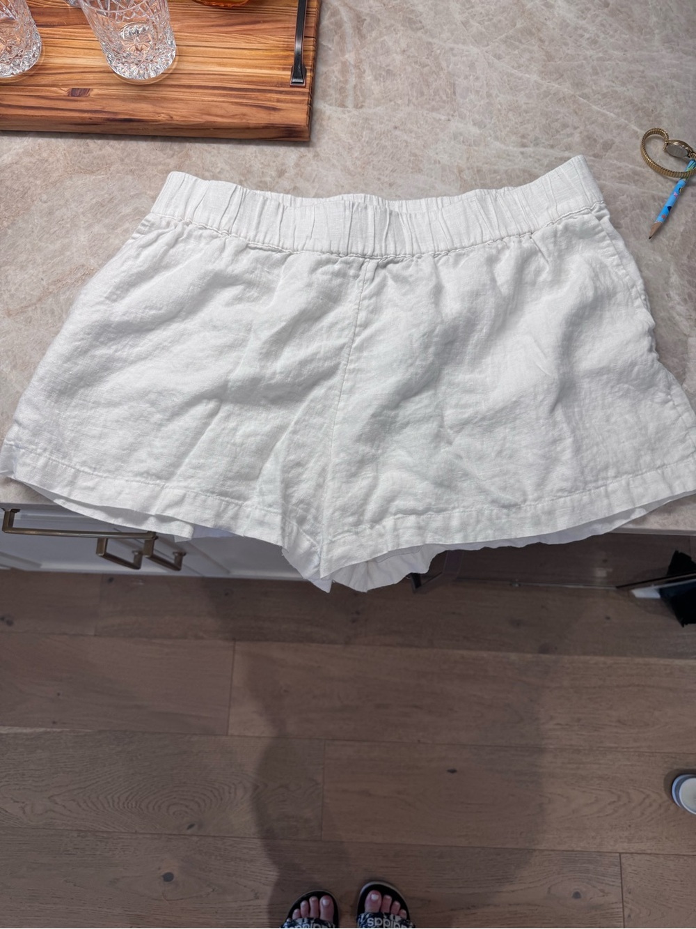 High-Rise White Linen-Blend Elastic Waist Shorts